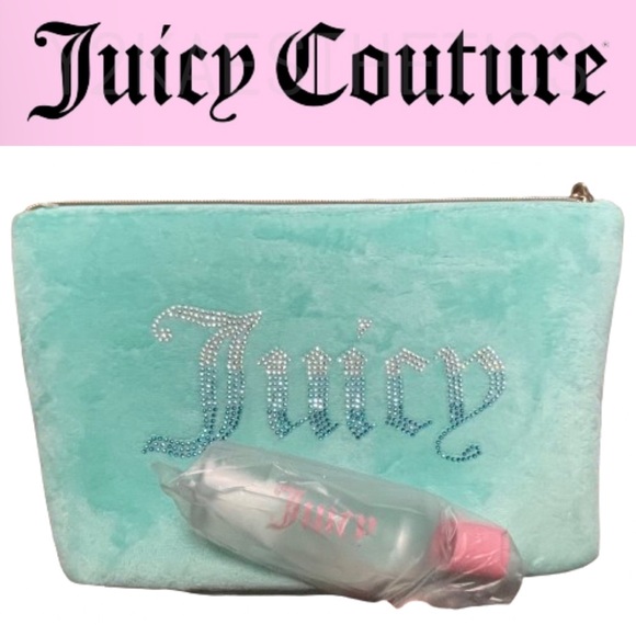 NEW Juicy Couture Light Blue Velour Cosmetic Makeup Travel Bag & Bottle - Picture 1 of 14